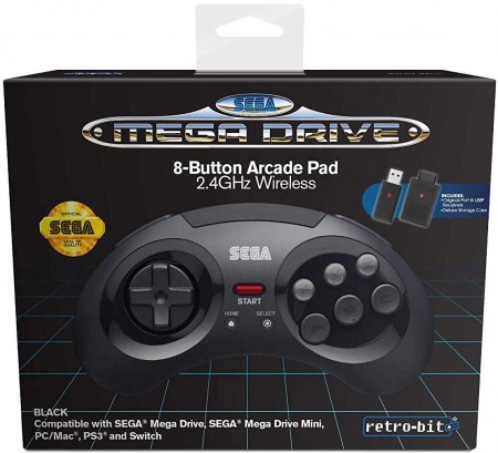 Retro-Bit Sega Mega Drive 8 Button 2.4GHz Wireless Controller SvartwithReceivers